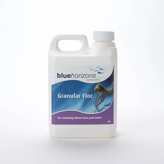 White plastic jug with a handle and white cap, labeled ’bluehorizons granular floc’ in blue and purple text on a label featuring an underwater scene.
