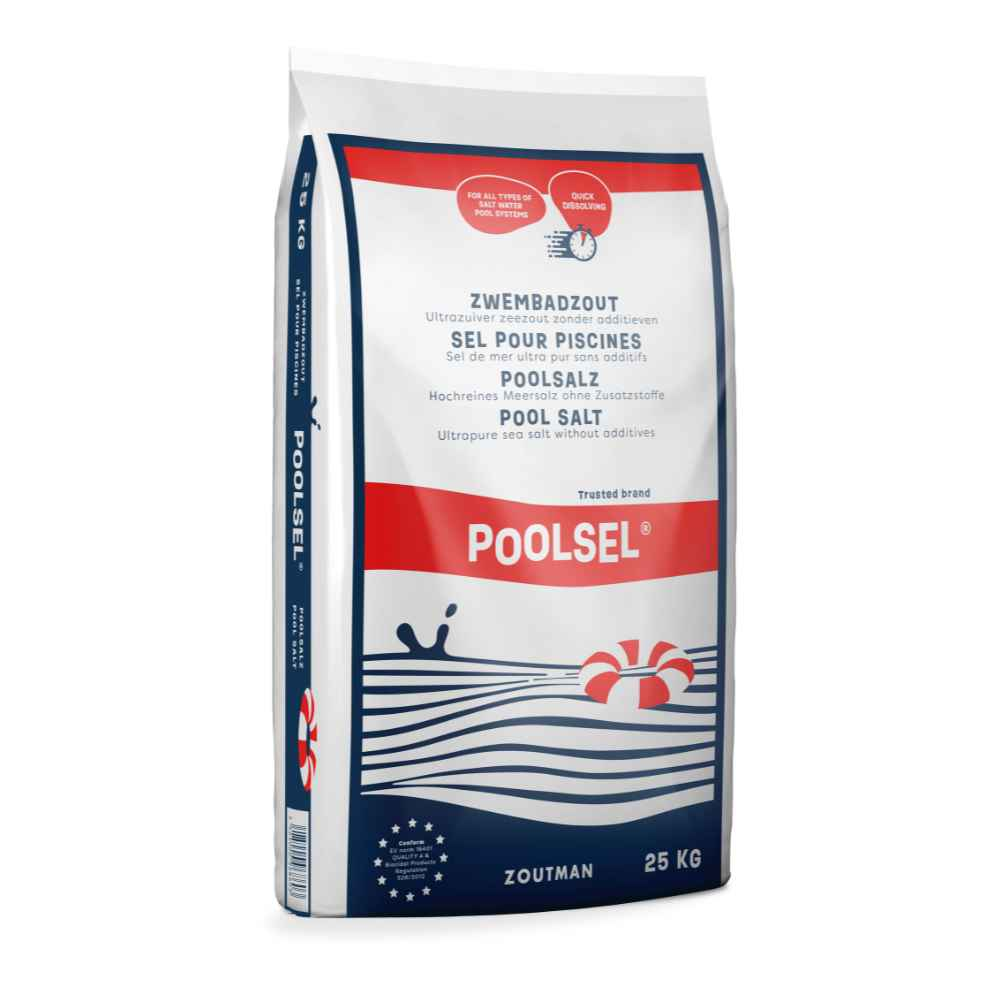 A 25 kg bag of poolsalz pool salt by zoutman, featuring a white and navy blue design with red accents and an illustration of swimming lanes and a lifebuoy.