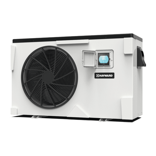 White hayward outdoor pool heater with black fan grille and digital display.