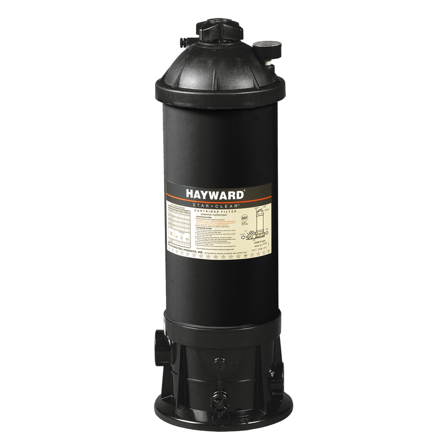Black hayward starclear cartridge filter with a cylindrical body and ribbed top cap.