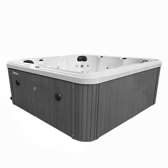 Gray and white rectangular hot tub with a textured, wood-grain exterior finish.