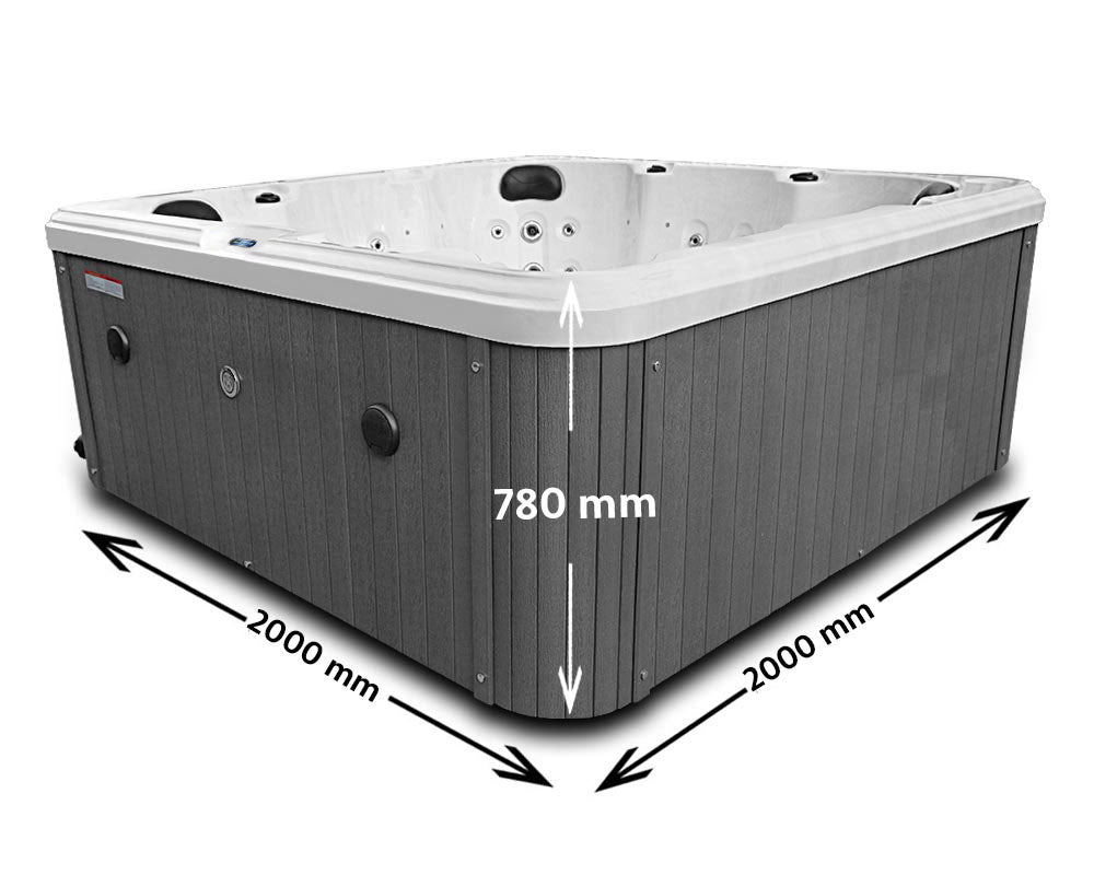 Gray wood-paneled hot tub with white interior and black control panels