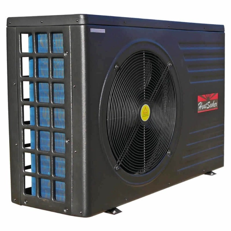Black heatsaver outdoor heat pump unit with a circular fan and blue-tinted grid panels.