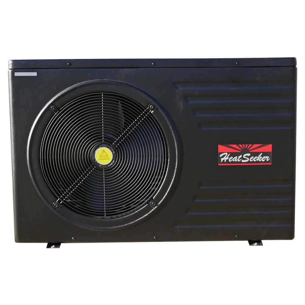 Black heatseeker outdoor heat pump unit with a circular fan grille and ribbed side panel.