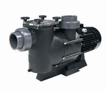 Black plastic pool pump with a motor and multiple threaded ports.