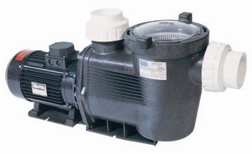 Black plastic pool pump with white caps and a red label on the motor housing.
