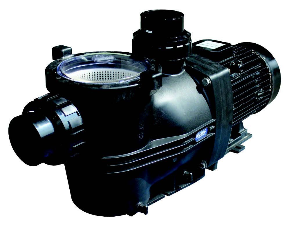 Black plastic pool pump with a clear lid and ribbed motor housing
