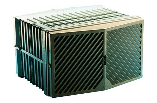 Green and black striped air filter with a ribbed, rectangular design.
