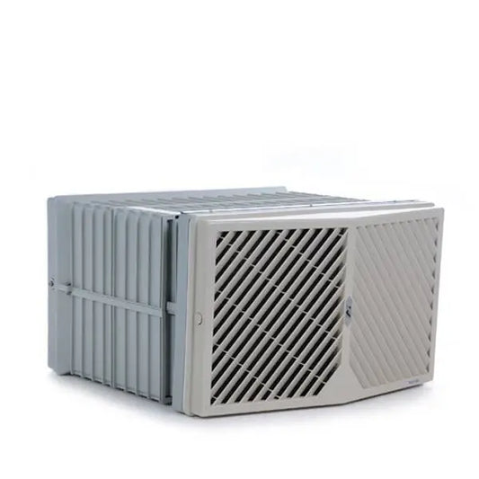 Gray plastic air purifier with a slatted front grille and ribbed side panels.