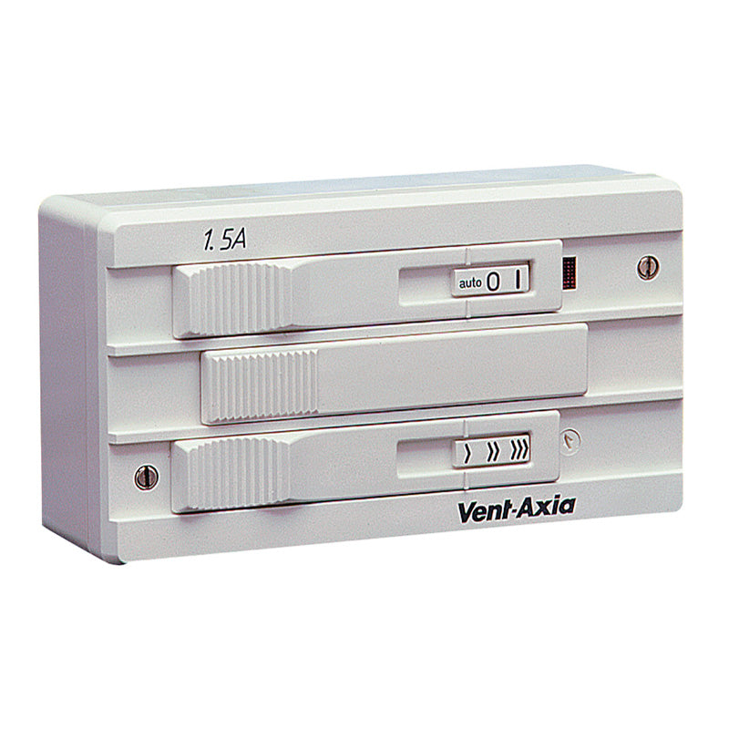 White plastic vent-axia 1.5a electrical switch panel with three horizontal toggle switches and indicator dials.