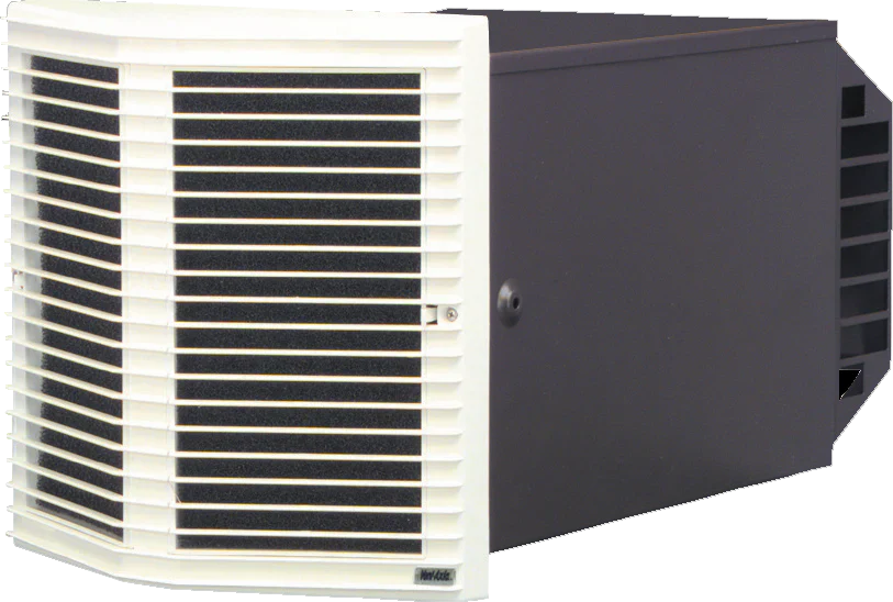 White vent cover with black horizontal slats and a dark gray rectangular housing unit beside it.