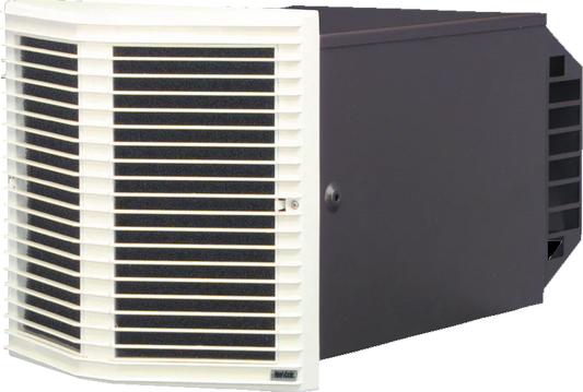 White vent cover with black horizontal slats and a dark gray rectangular housing unit beside it.