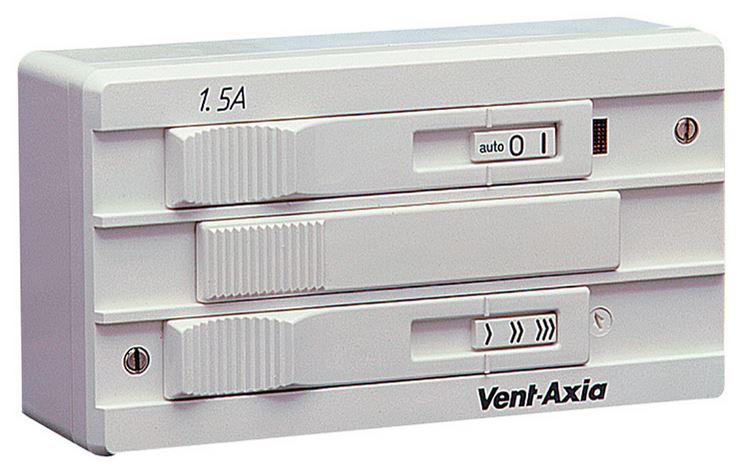 White plastic vent-axia electrical switch panel with three horizontal toggle switches, each marked for 1.5a current rating and featuring distinct control labels including ’auto’ and directional arrows on the lower two units.