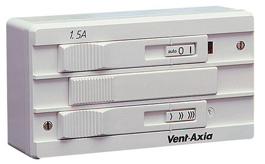 White plastic vent-axia electrical switch panel with three horizontal toggle switches, each marked for 1.5a current rating and featuring distinct control labels including ’auto’ and directional arrows on the lower two units.