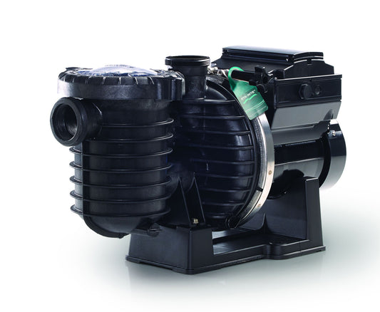 Black plastic pool pump with ribbed casing and metallic accents
