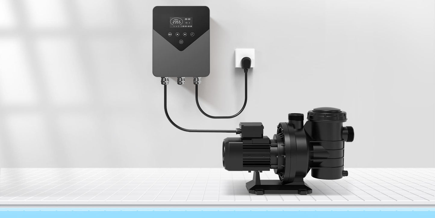 Black plastic pool pump with integrated motor and control panel mounted on wall