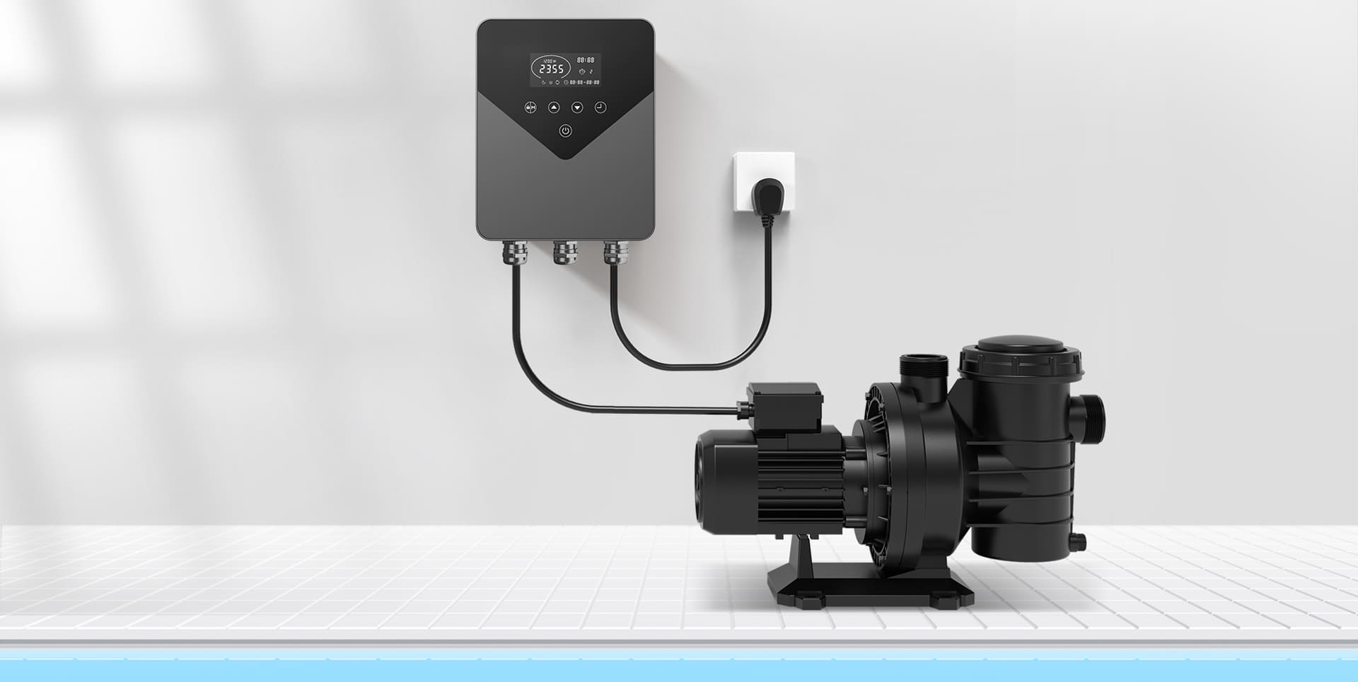 Black plastic pool pump with integrated motor and control panel mounted on wall