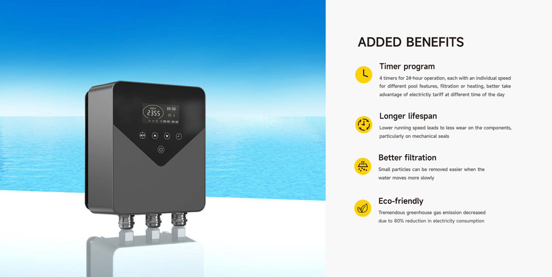 Black rectangular pool pump controller with digital display and control buttons.