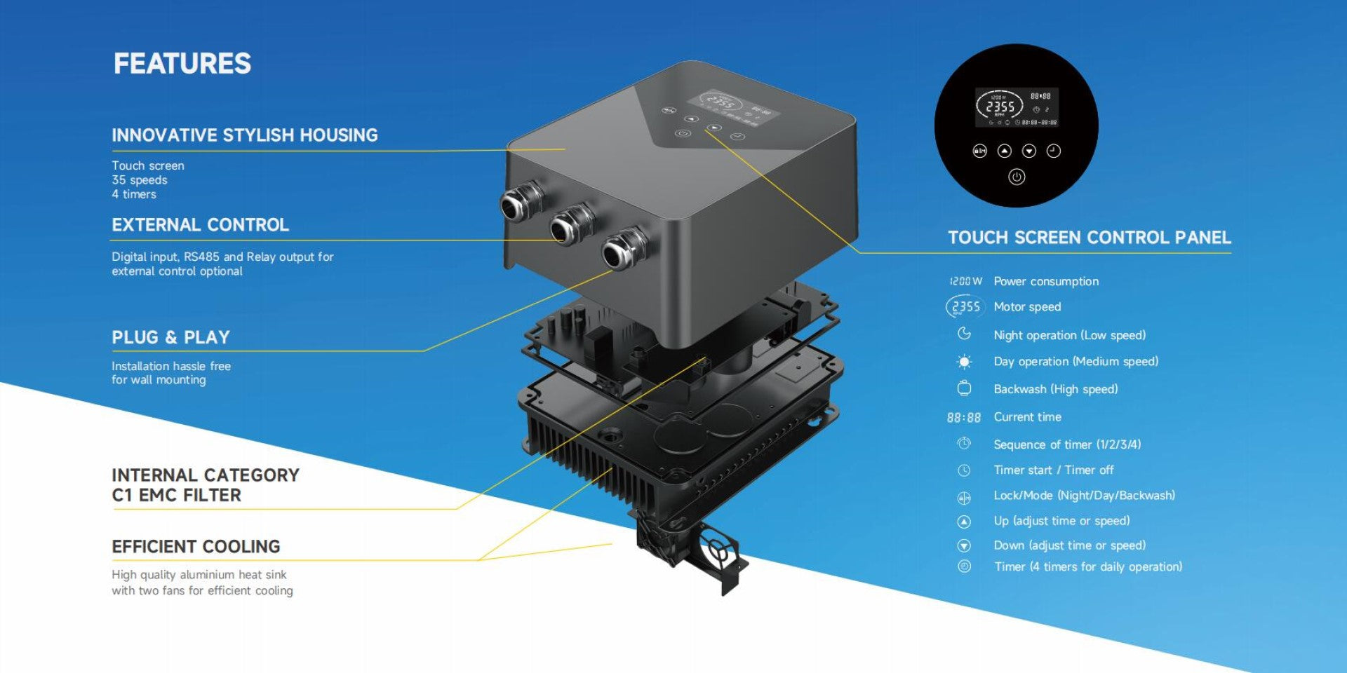 Black rectangular water heater with digital touch screen control panel and external mounting brackets