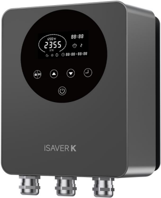 Dark gray rectangular water heater with a circular digital display showing time and temperature, featuring four control buttons below the screen.