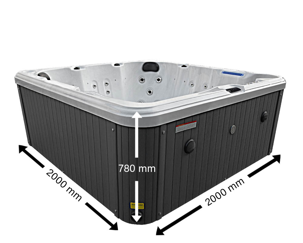 Black and silver hot tub with a rectangular design, featuring vertical paneling on the exterior and multiple jet openings along its interior rim.