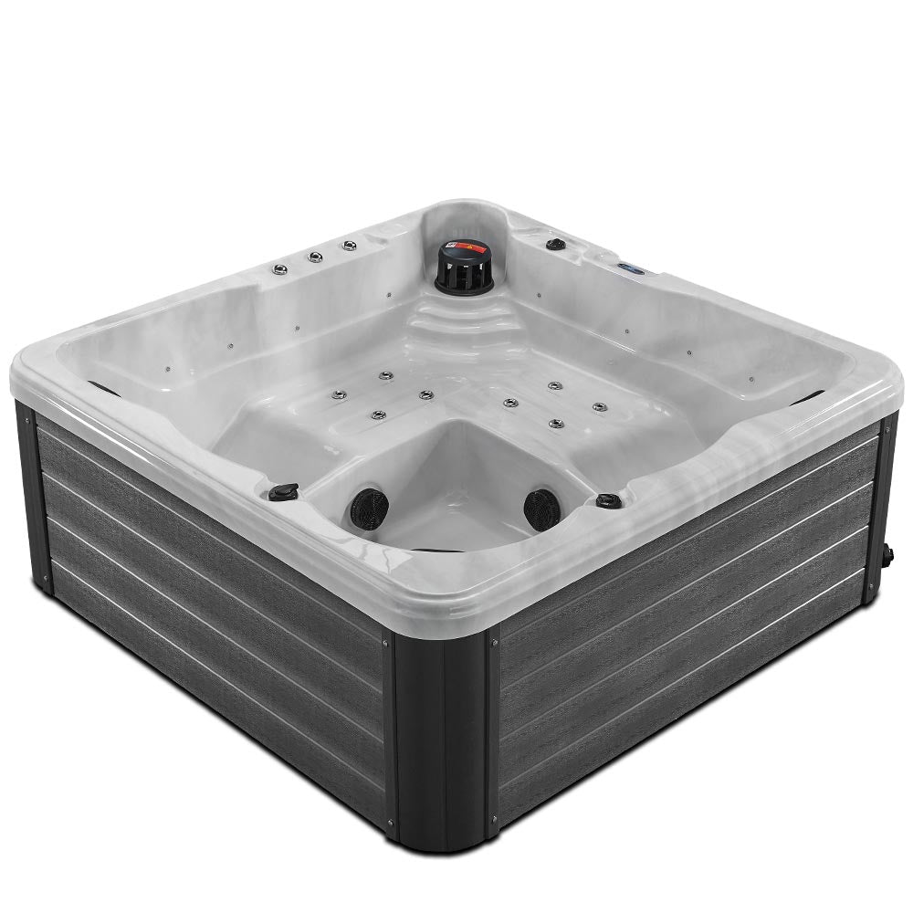 Gray and white corner hot tub with a textured, wood-grain exterior frame.