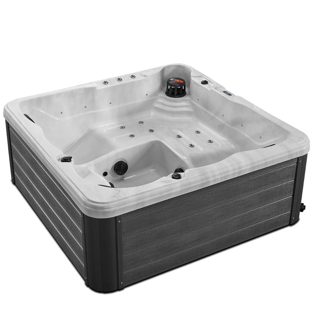 White and gray outdoor hot tub with a textured, wood-grain exterior frame.