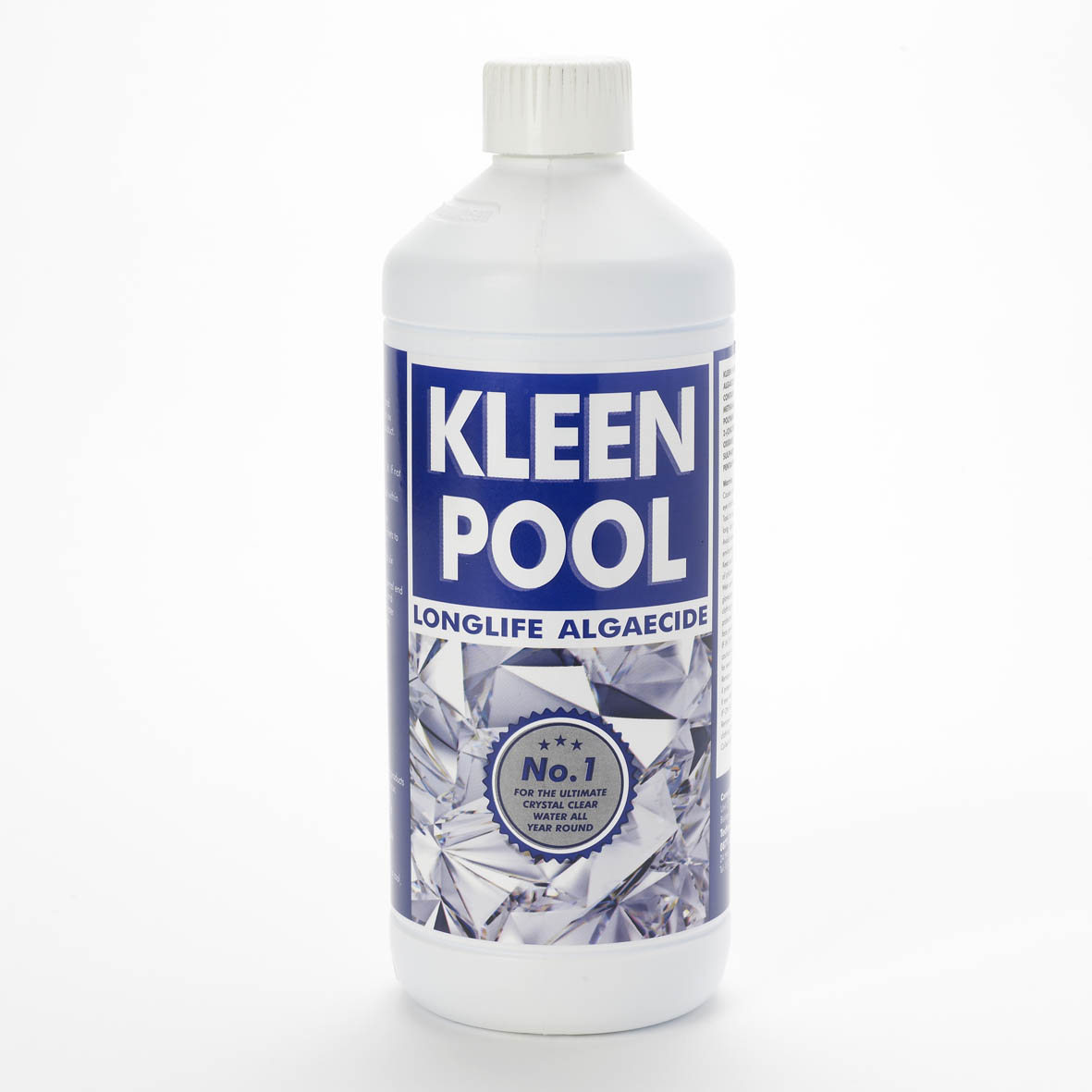 White plastic bottle of kleen pool longlife algaecide with a blue label featuring silver diamond-like graphics and white text.