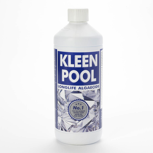 White plastic bottle of kleen pool longlife algaecide with a blue label featuring silver diamond-like graphics and white text.