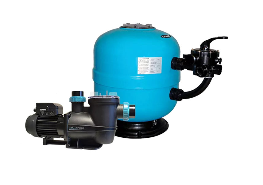 Blue cylindrical pool filter tank with black pump and valve assembly