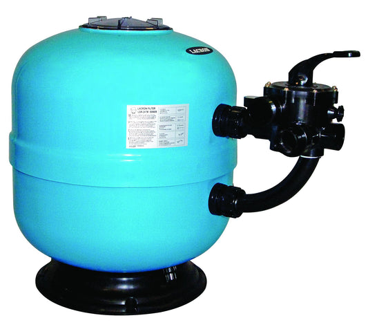Turquoise plastic swimming pool filter with black metal valve and piping assembly.