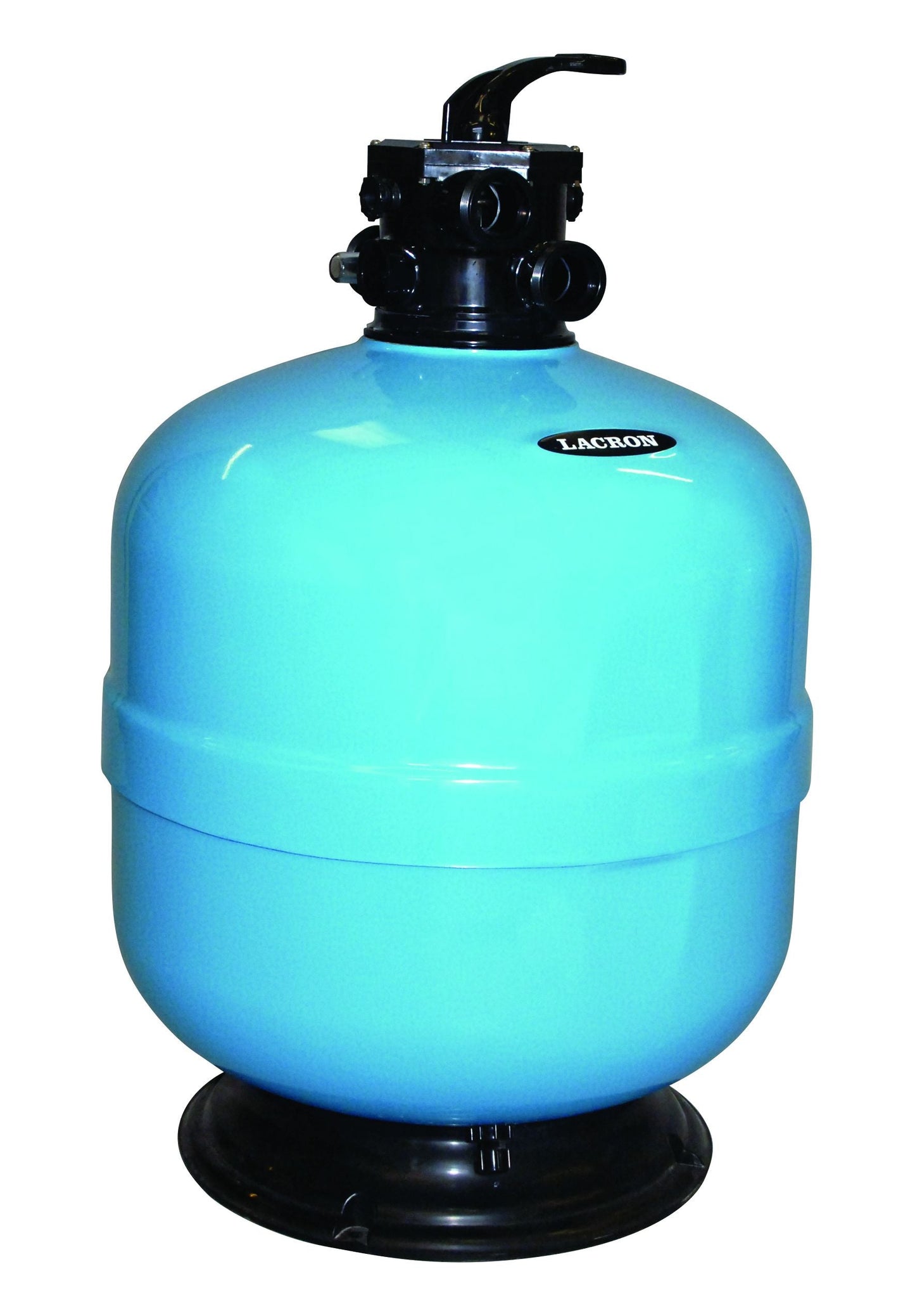 Bright blue cylindrical swimming pool filter with black top and base, featuring a ’lacron’ brand label.