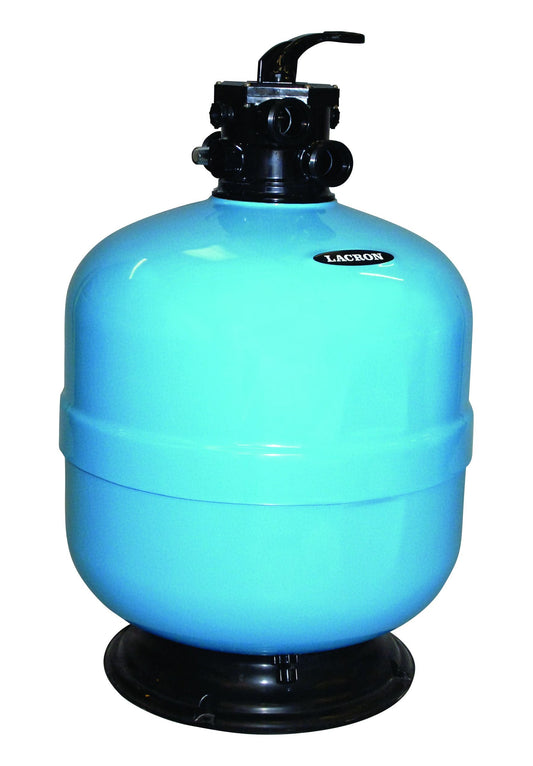 Bright blue cylindrical swimming pool filter with black top and base, featuring a ’lacron’ brand label.