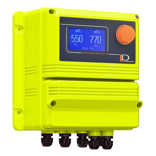 Bright yellow industrial digital controller with a blue lcd screen displaying measurements and an orange rotary knob.