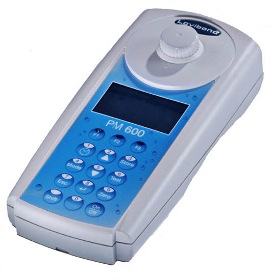 Levibend pm 600 handheld ph meter with a blue and gray body, featuring a digital display and control buttons.