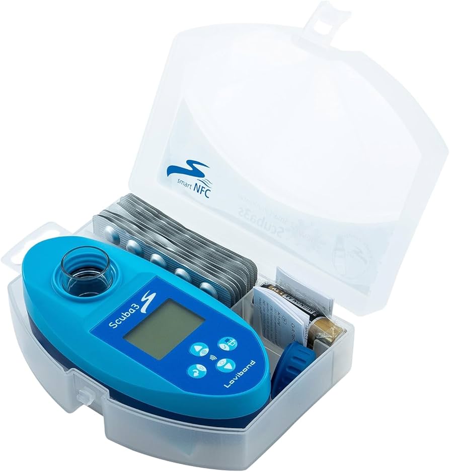 Blue oval-shaped scuba3s alcohol tester with digital display and four circular buttons, housed in a clear plastic case.