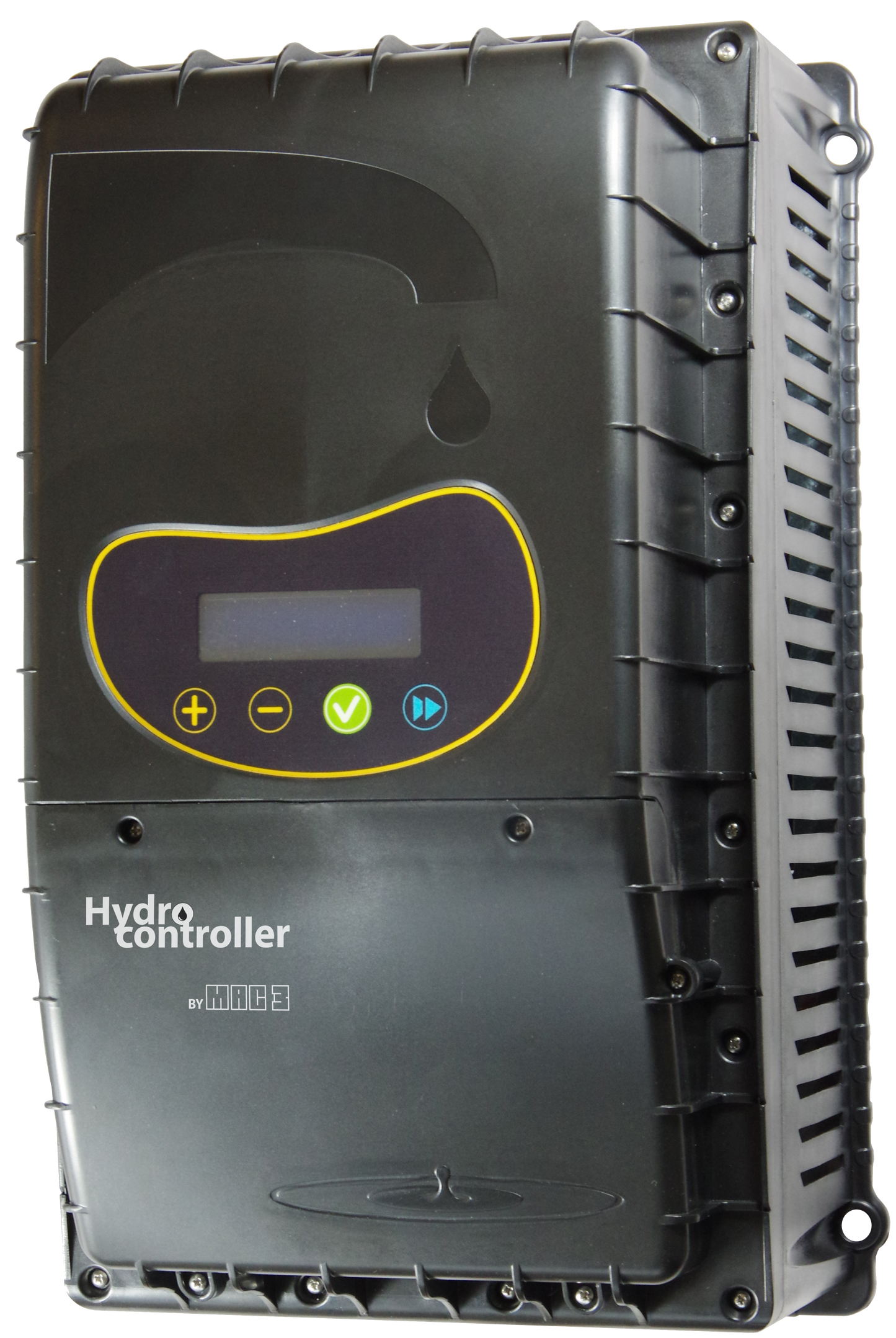 Black plastic hydro controller by mace with a digital display and yellow-accented control buttons.