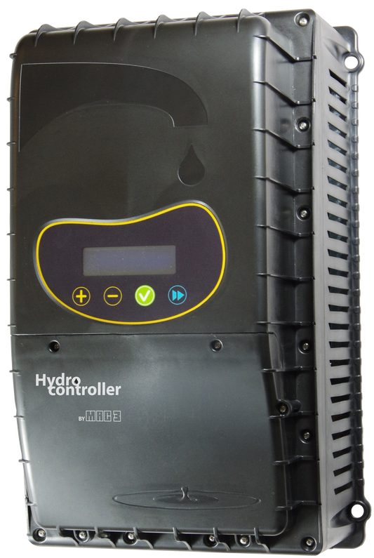 Black plastic hydro controller by mace with a digital display and yellow-accented control buttons.