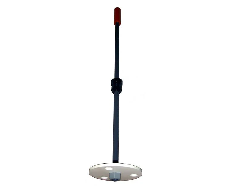 Black microphone stand with a red top cap and a white circular base.