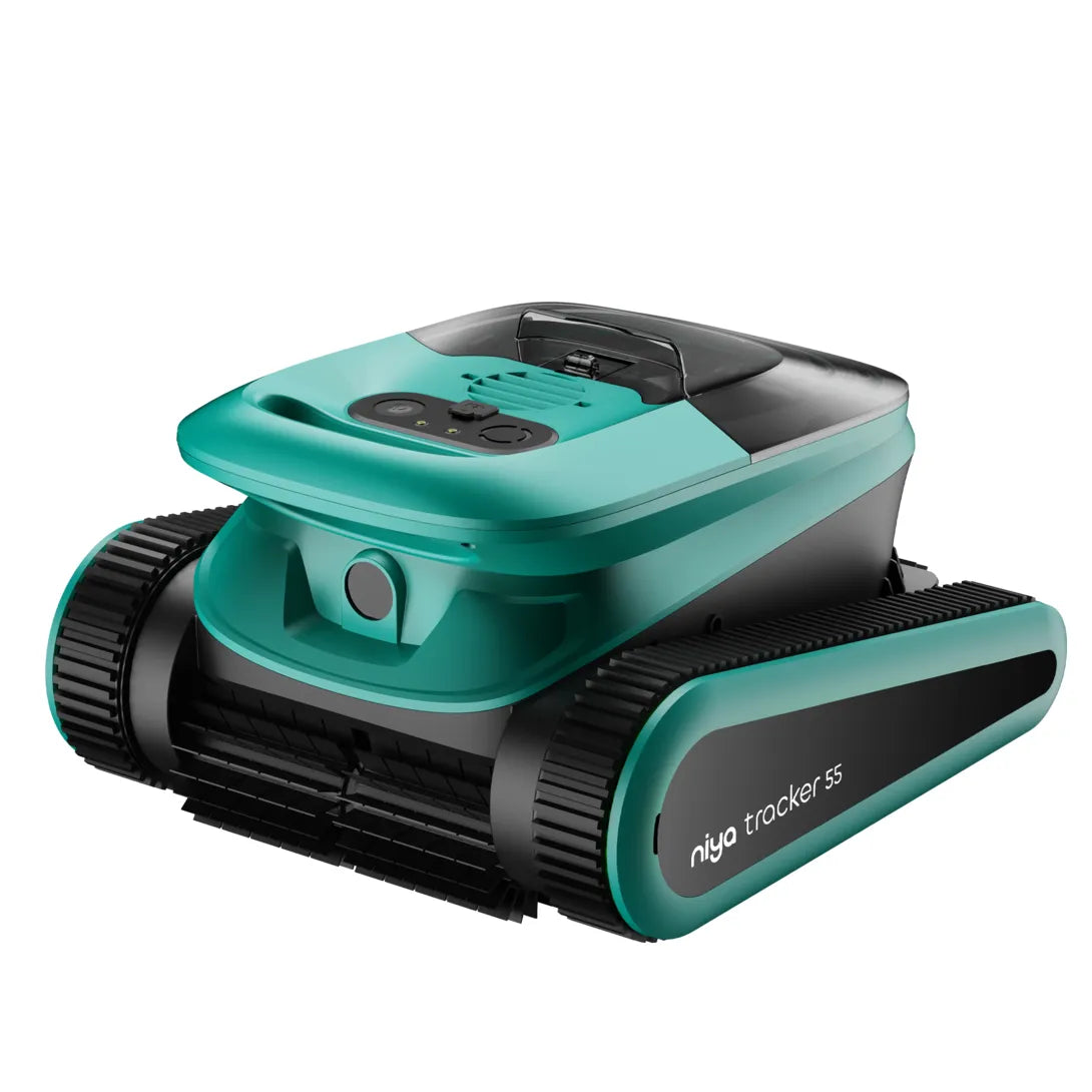 Teal and black niya tracker 55 robotic pool cleaner with tracked wheels.
