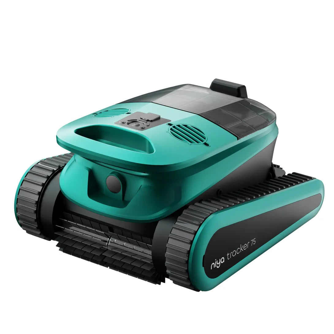 Teal and black niya tracker 75 robotic pool cleaner with tracked wheels.