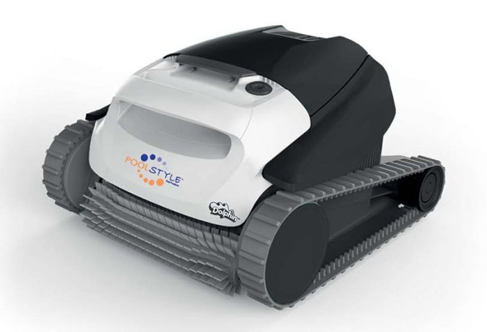 Black and white robotic pool cleaner with gray tracks, featuring the ’poolstyle’ logo.