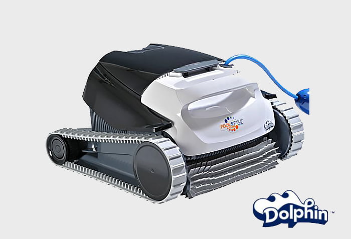 White and black dolphin robostyle robotic pool cleaner with silver track wheels.