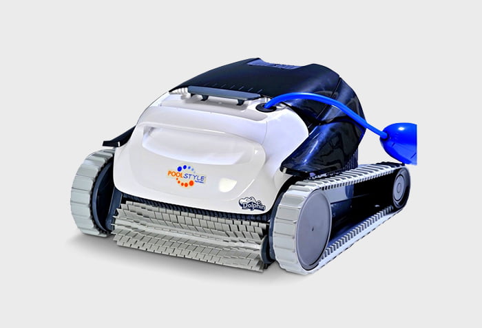 White and black robotic pool cleaner with silver tracks, blue suction hose, and ’poolstyle’ branding.