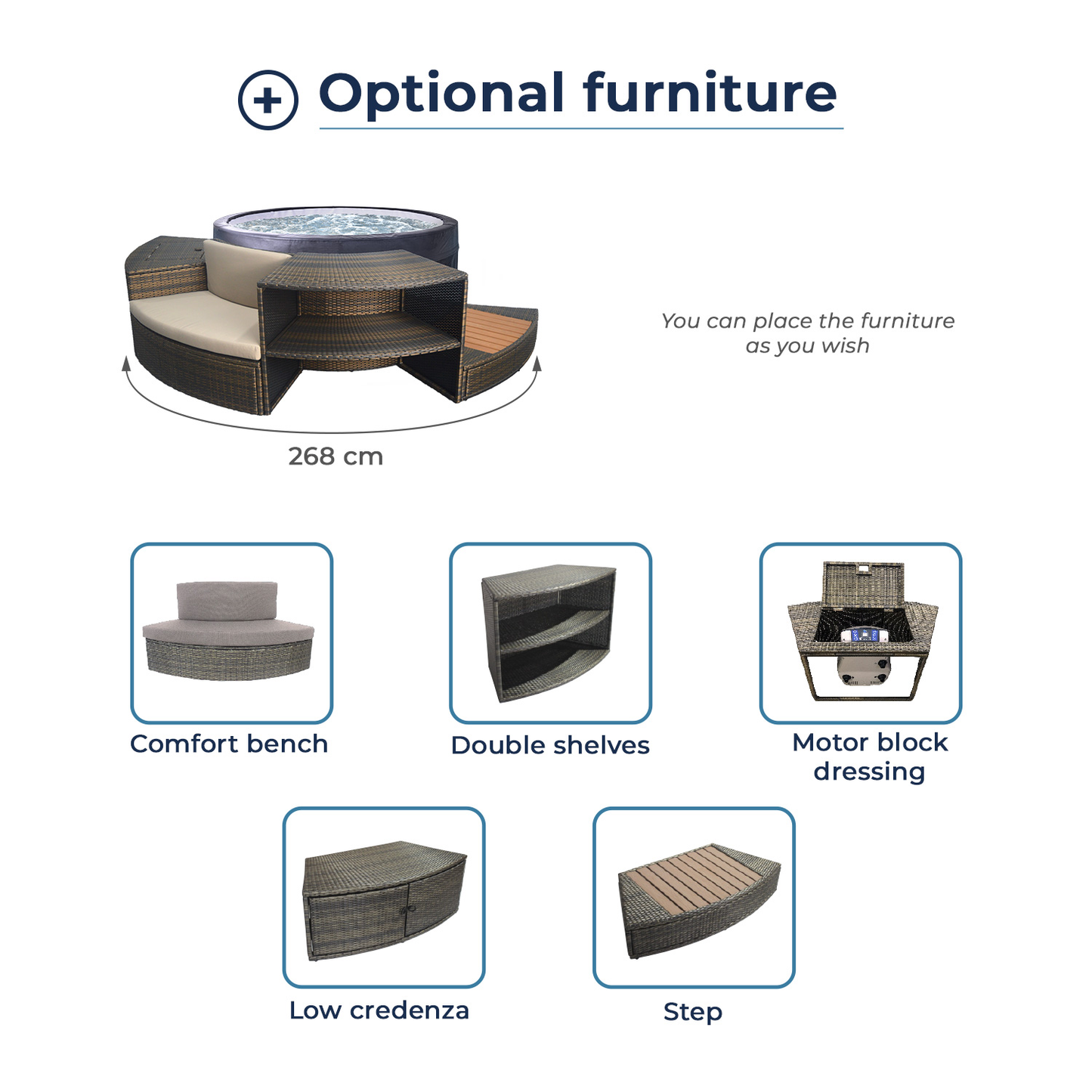 Gray woven wicker circular lounge set with beige cushions and a built-in hot tub.