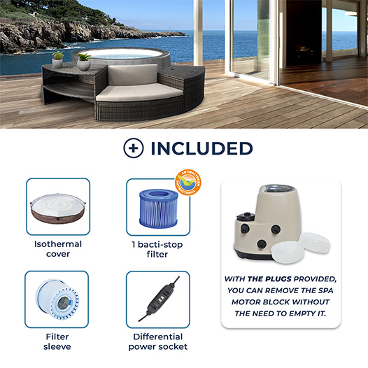 Black wicker outdoor spa seating set with beige cushions