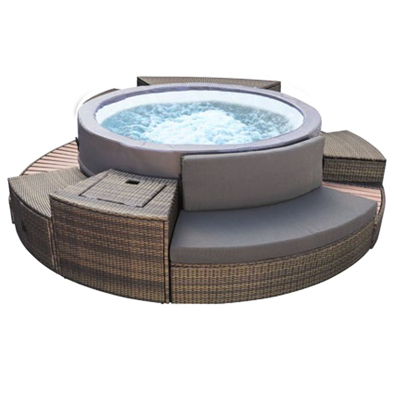 Brown wicker hot tub with gray cushioned seating and built-in storage.
