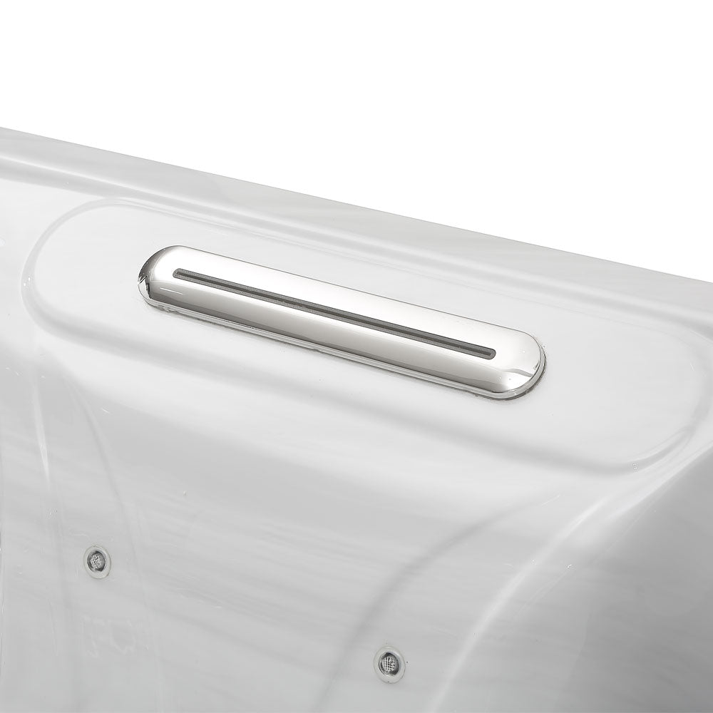 Chrome-finished, elongated handle with a sleek, modern design mounted on the side of a white hot tub.