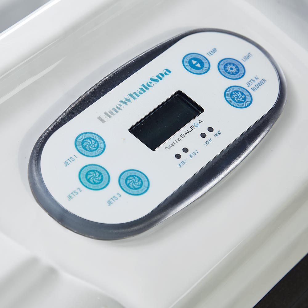 White plastic control panel for a blue whale spa, featuring blue circular buttons and an oval-shaped digital display.