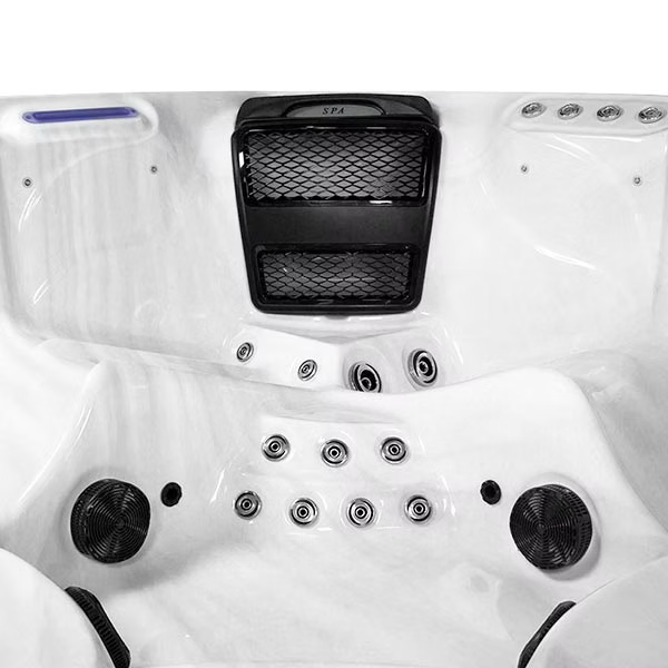 Black mesh-covered spa jets with a sleek, modern design.